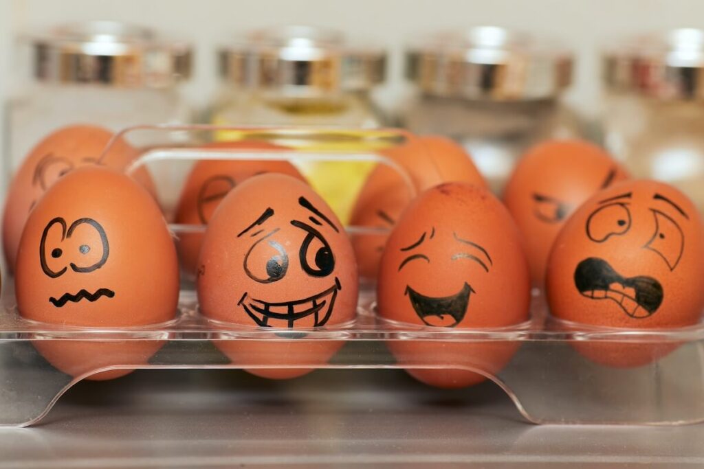 Eieren in een doosje met op ieder ei een gezichtsuitdrukking getekend. Emoties drukken zich uit in het lichaam en zijn herkenbaar aan de gezichtsuitdrukking.
